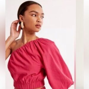 Abercrombie & Fitch Linen One Shoulder Puff Sleeve Top